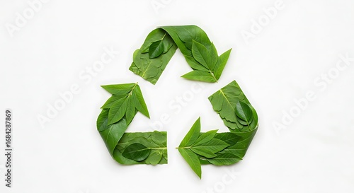 Recycling Symbol Made of Green Leaves on White Background