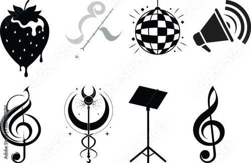 A Collection of Diverse Silhouettes Featuring Music Symbols and Objects with Ripe Strawberry and Disco Ball