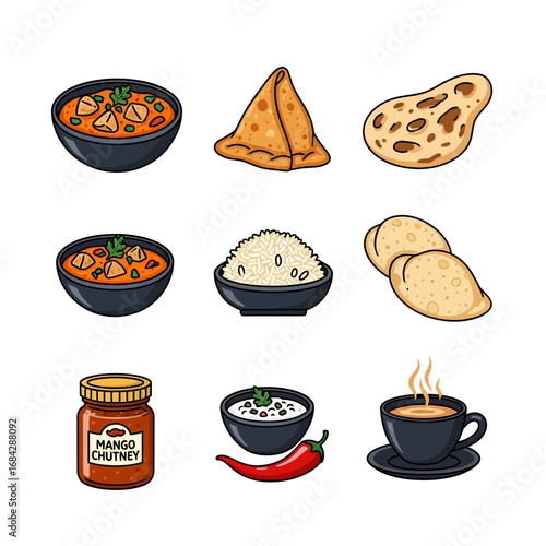Indian Food Set Curry with rice, and bread Isolated.