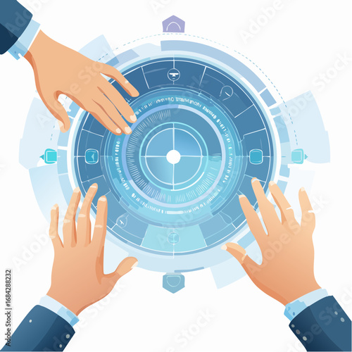 Team collaborates on futuristic digital interface, interacting with glowing holographic data for innovative strategy development and cutting-edge technology insights.