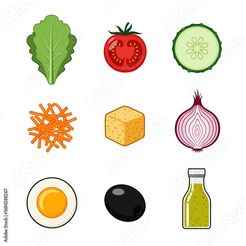 Salad ingredients icons with isolated on white.