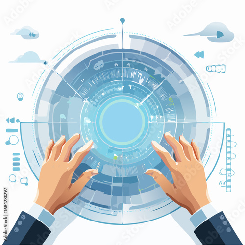 Hands interacting with futuristic holographic interface, exploring digital data streams and advanced analytics for innovative business strategy and technological advancement