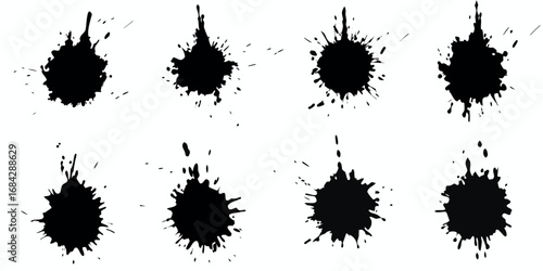 Collection of eight black ink splatter paint splashes and drops isolated on white background