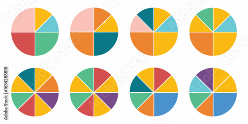 Eight colorful pie charts with different segment counts and color combinations on a white background