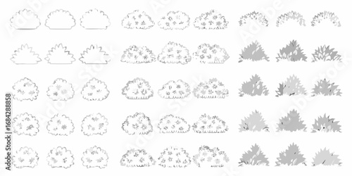 Collection of stylized bushes and shrubs in various shapes and levels of detail for design elements