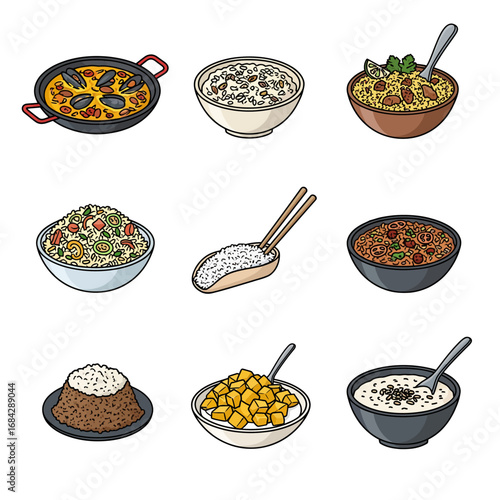 Rice Dishes Collection with Isolated on White.
