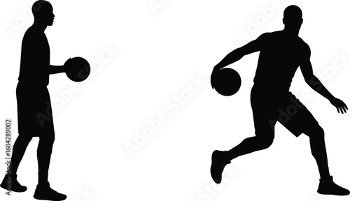 Silhouette of two male basketball players, one dribbling ball, athletic competition, teamwork, dynamic motion, sports action, energy, training, basketball game.