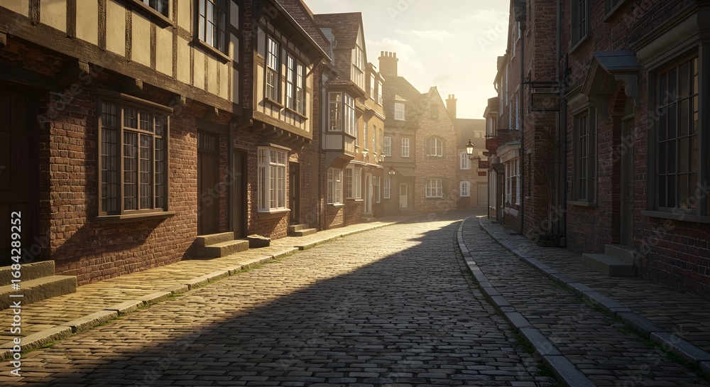Obraz premium Historic neighborhood with cobblestone streets, old architecture, charming alleys, and cultural heritage atmosphere, representing tradition, tourism, and timeless beauty.