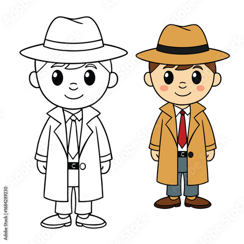 A cartoon-cute-detective coloring page featuring a playful sleuth with a magnifying glass, hat, and coat, ready to solve mysteries with charm and fun details to color.
