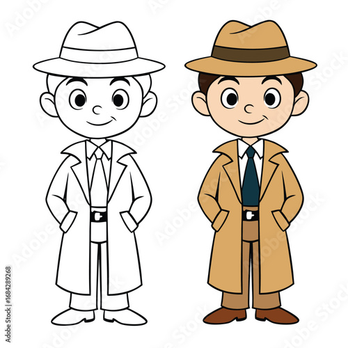 A cartoon-cute-detective coloring page featuring a playful sleuth with a magnifying glass, hat, and coat, ready to solve mysteries with charm and fun details to color.
