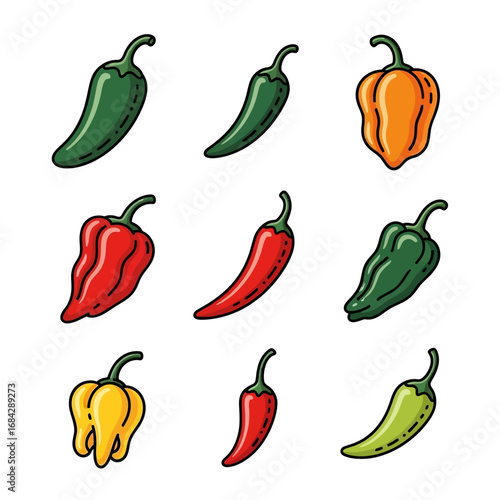 Chili Peppers Variety Set with Vector, and Spicy Food.