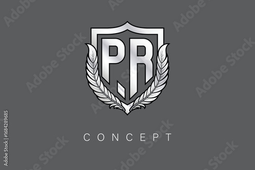 PR Creative Initial Letter Logo with Shield and Laurel Wreath Silver Metallic Branding Emblem on Gray Background.