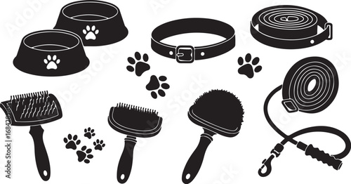 Vector art of pet care accessories including bowls, collar, leash and grooming brushes