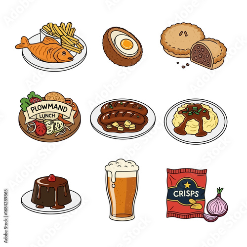 British Pub Food with Menu, and Illustration.