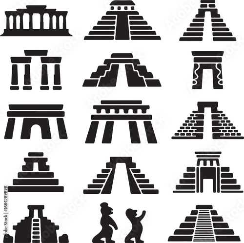 Collection of ancient architectural monument icons in black silhouette style Keywords: ancient