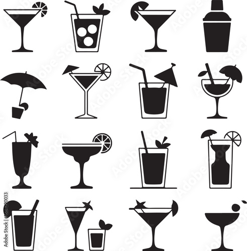 Assortment of cocktail drink icons in black silhouette style on white Keywords: cocktail, drink
