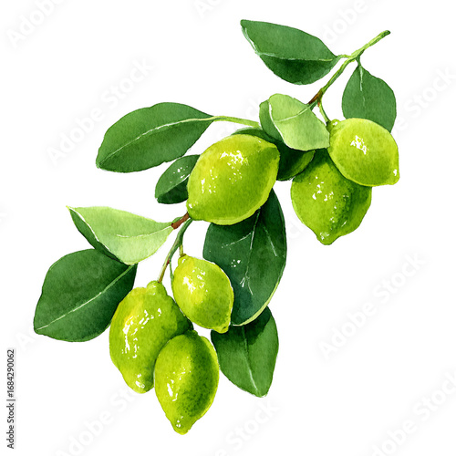 Wallpaper Mural Watercolor Illustration of Fresh Green Limes on a Branch with Leaves isolated Torontodigital.ca