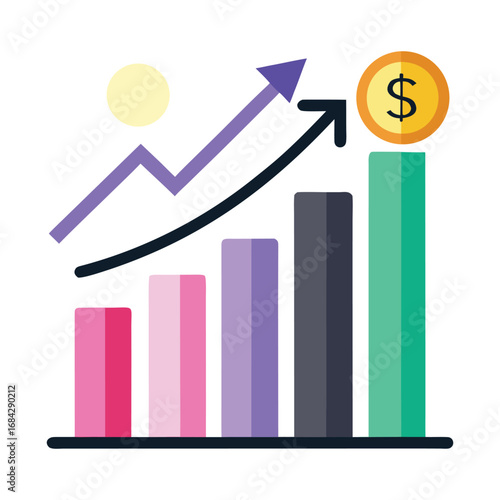 Visual representation of financial growth and success with an upward trending bar graph arrow and golden dollar coin symbolizing profit and increasing revenue