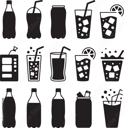 Collection of black silhouette icons representing various drinks and containers beverage soda