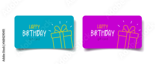 Bright, fun birthday gift cards for him and her. Minimalistic linear style gift. For business, retail, stores. Greeting, surprise. Vector illustration.