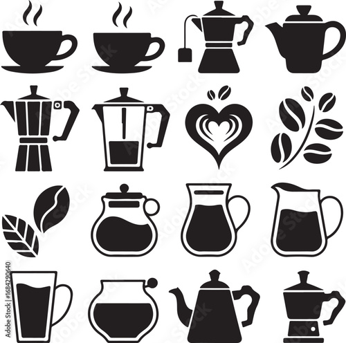 Assortment of black silhouette icons for coffee, tea, and hot drink preparation beverage