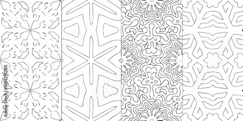 Four distinct abstract black and white line art patterns with geometric and organic symmetrical designs