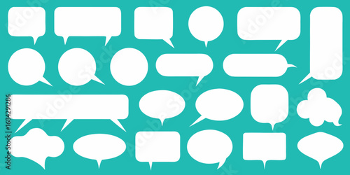 Collection of diverse white speech bubbles and thought bubbles on a teal background