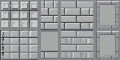 Collection of stone textures and patterns including square cobblestones brickwork and framed designs