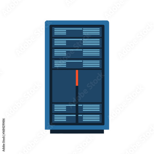 A flat vector illustration of a blue computer server rack, a symbol for data centers and web hosting.