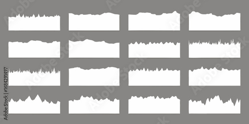 Collection of sixteen white torn paper edges with jagged and irregular borders on a gray background