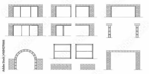 Collection of architectural elements including brick doorways arches windows and columns in a simple line drawing style