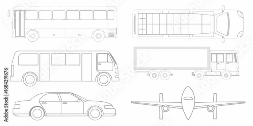 Collection of simplified line art illustrations of various vehicles including a bus truck car and airplane