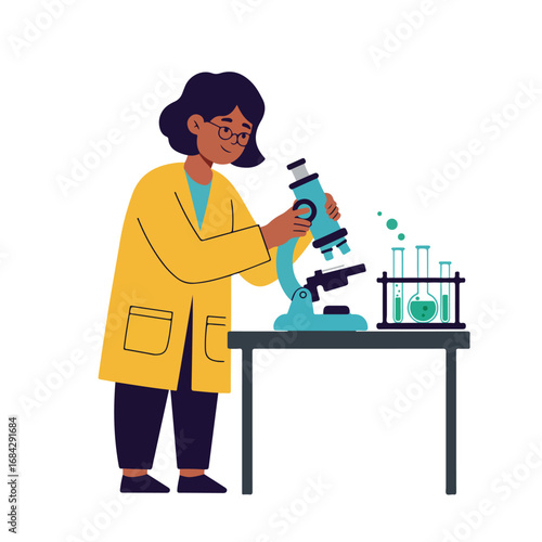 Scientist examining specimen under microscope next to test tubes