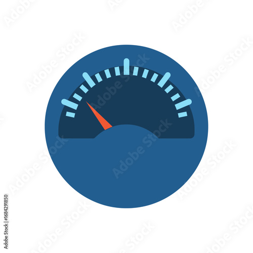 A simple flat design icon of a speedometer or dashboard gauge with an orange needle indicating low speed or performance.