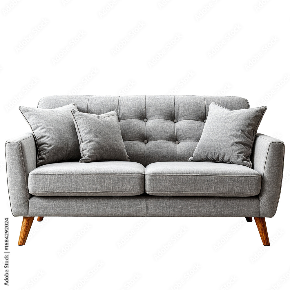 Fototapeta premium Modern Gray Sofa Isolated On White Background: A contemporary gray sofa with soft pillows and wooden legs offers a blend of comfort and style for any living space.