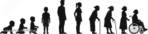 Silhouettes of Human Life Stages from Baby to Elderly with Walking Cane and Wheelchair – Vector Illustration of Aging Process