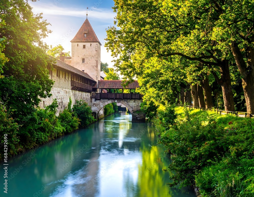 Fototapeta premium Picturesque canal with a historic bridge and tower