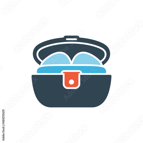 Stylized illustration of an open treasure chest with blue contents visible inside.