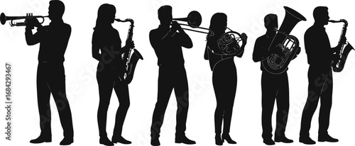 Silhouettes of Male and Female Musicians Playing Trumpet, Saxophone, Trombone, French Horn, Tuba, in Orchestra and Jazz Band