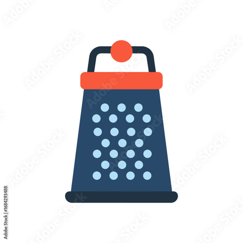 Isolated vector illustration of a dark blue kitchen grater with orange accents on a white background.