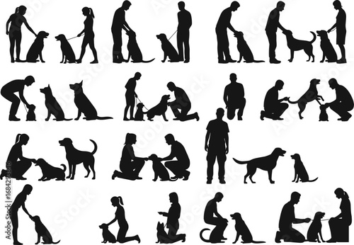 Silhouettes of People Training and Playing with Dogs in Various Poses – Vector Illustration of Pet Care and Animal Bonding