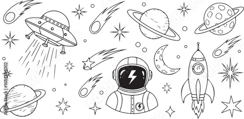 Hand drawn space elements featuring astronaut rocket ufo planets and stars