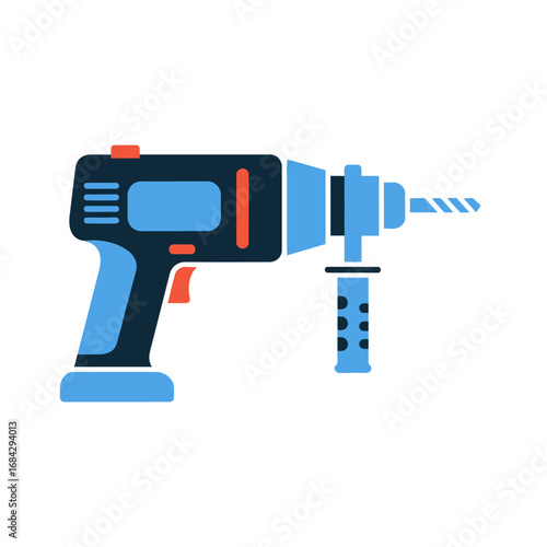 A modern cordless power drill with a blue and black body, orange accents, and a spinning drill bit, ready for use.
