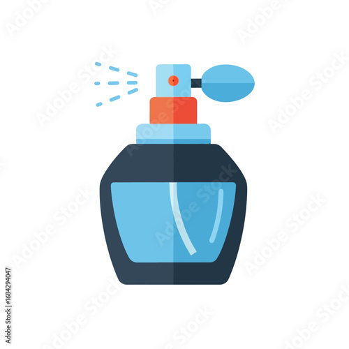 A stylish blue glass perfume bottle with a black base and an orange spray nozzle, emitting a fine mist of fragrance.
