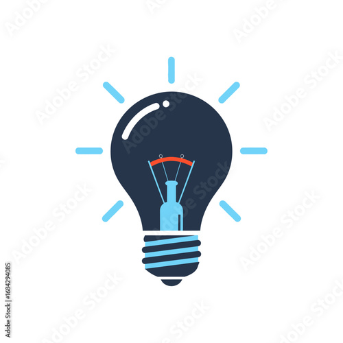 A stylized, dark blue light bulb with a glowing filament, radiating light beams against a white background, symbolizing innovation and bright ideas.