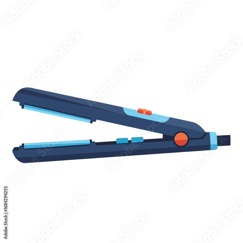 A dark blue hair straightener with light blue ceramic plates and orange accents, depicted open and ready for styling.
