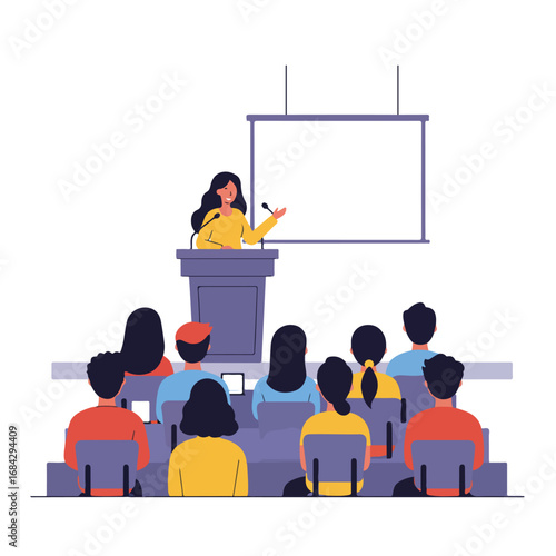 Woman presenting at podium before audience
