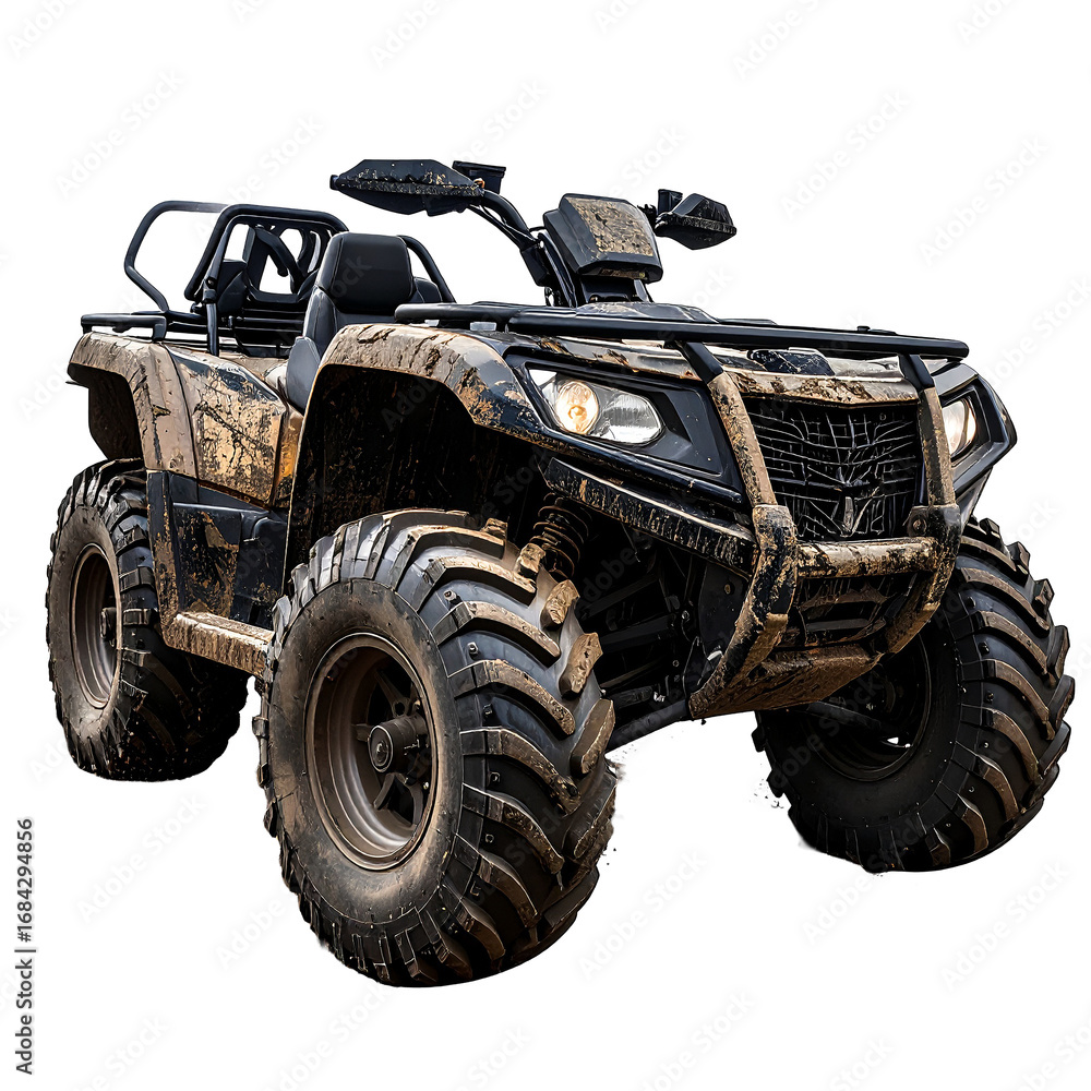 Fototapeta premium Muddy ATV in Action Isolated On White Background: An all-terrain vehicle, covered in mud, ready to take on any challenge. 
