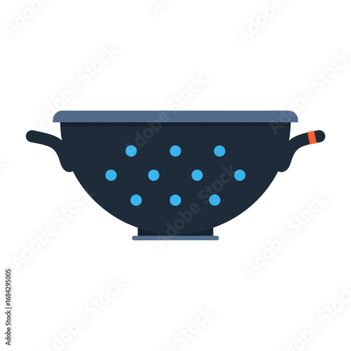 Dark gray colander with light blue holes and orange handles, kitchen utensil.
