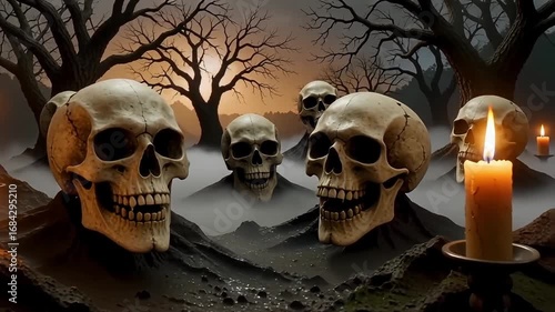 Eerie Halloween skulls emerge from misty forest floor with flickering candlelight creating haunting atmosphere